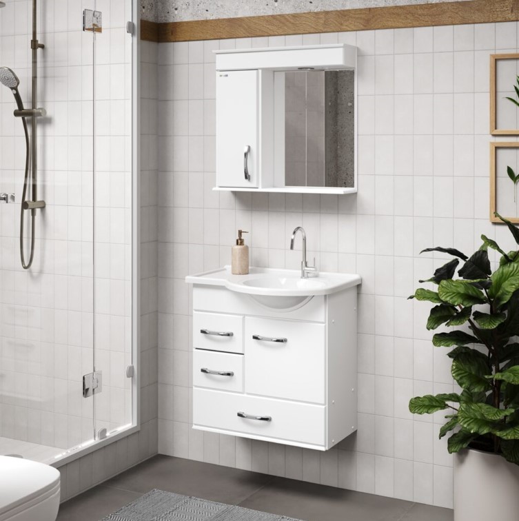 RORATO - KIT GABINETE VIENA SUSPENSO 59,5CM C/ ESPELHEIRO PIA E GAVETAS BRANCO